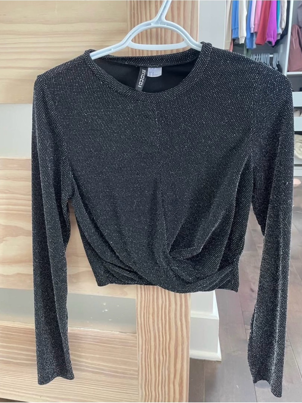 Black Sparkle Twist-Front Long Sleeve Top - H&M - medium